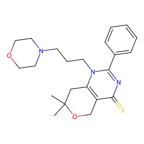 7,7-dimethyl-1-(3-morpholin-4-ylpropyl)-2-phenyl-5,8-dihydropyrano[4,3-d]pyrimidine-4-thione structure