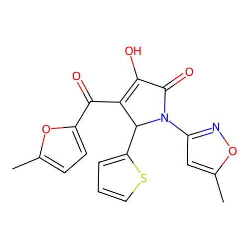 (4E)-4-[hydroxy(5-methylfuran-2-yl)methylidene]-1-(5-methyl-1,2-oxazol-3-yl)-5-(thiophen-2-yl)pyrrolidine-2,3-dione structure