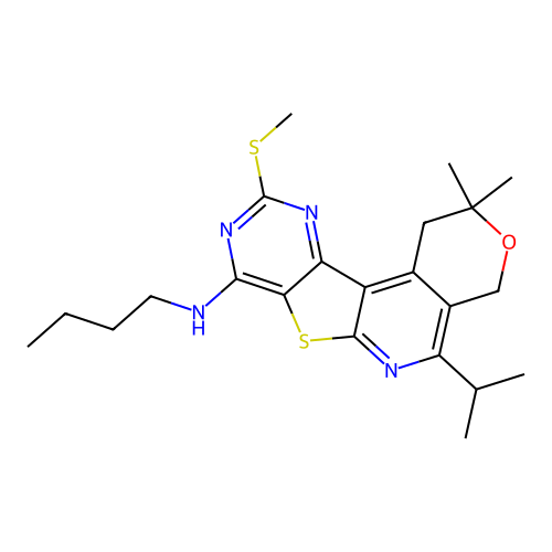 N-butyl-2,2-dimethyl-10-(methylsulfanyl)-5-(propan-2-yl)-1,4-dihydro-2H-pyrano[4'',3'':4',5']pyrido[3',2':4,5]thieno[3,2-d]pyrimidin-8-amine structure