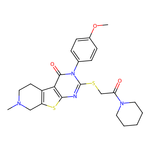 3-(4-methoxyphenyl)-7-methyl-2-((2-oxo-2-(piperidin-1-yl)ethyl)thio)-5,6,7,8-tetrahydropyrido[4',3':4,5]thieno[2,3-d]pyrimidin-4(3H)-one structure