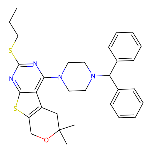 4-(4-benzhydrylpiperazin-1-yl)-6,6-dimethyl-2-(propylthio)-6,8-dihydro-5H-pyrano[4',3':4,5]thieno[2,3-d]pyrimidine structure