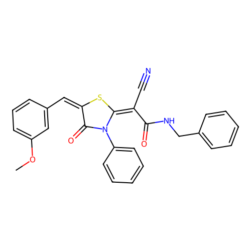 (2E)-N-benzyl-2-cyano-2-[(5E)-5-[(3-methoxyphenyl)methylidene]-4-oxo-3-phenyl-1,3-thiazolidin-2-ylidene]acetamide structure