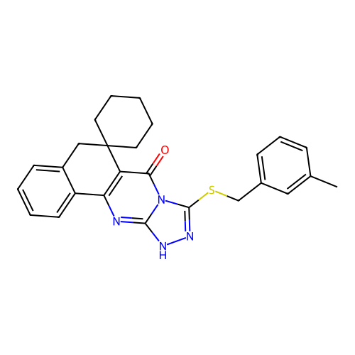 9-((3-methylbenzyl)thio)-5H-spiro[benzo[h][1,2,4]triazolo[3,4-b]quinazoline-6,1'-cyclohexan]-7(12H)-one structure