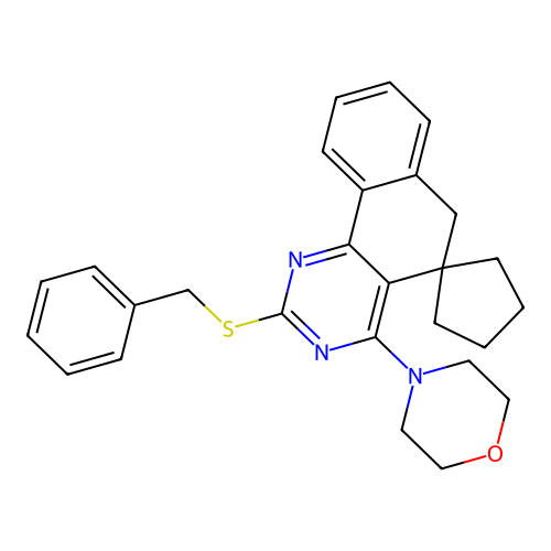 2-(benzylsulfanyl)-4-(morpholin-4-yl)-6H-spiro[benzo[h]quinazoline-5,1'-cyclopentane] structure