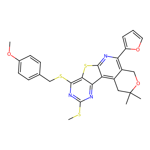 5-(furan-2-yl)-8-((4-methoxybenzyl)thio)-2,2-dimethyl-10-(methylthio)-2,4-dihydro-1H-pyrano[4'',3'':4',5']pyrido[3',2':4,5]thieno[3,2-d]pyrimidine structure