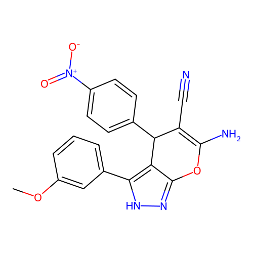 6-amino-3-(3-methoxyphenyl)-4-(4-nitrophenyl)-2,4-dihydropyrano[2,3-c]pyrazole-5-carbonitrile structure