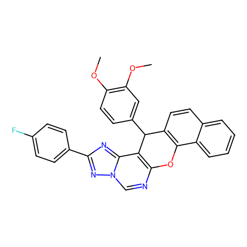 14-(3,4-dimethoxyphenyl)-2-(4-fluorophenyl)-14H-benzo[7,8]chromeno[3,2-e][1,2,4]triazolo[1,5-c]pyrimidine structure