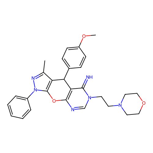 4-(4-methoxyphenyl)-3-methyl-6-(2-morpholinoethyl)-1-phenyl-4,6-dihydropyrazolo[4',3':5,6]pyrano[2,3-d]pyrimidin-5(1H)-imine structure
