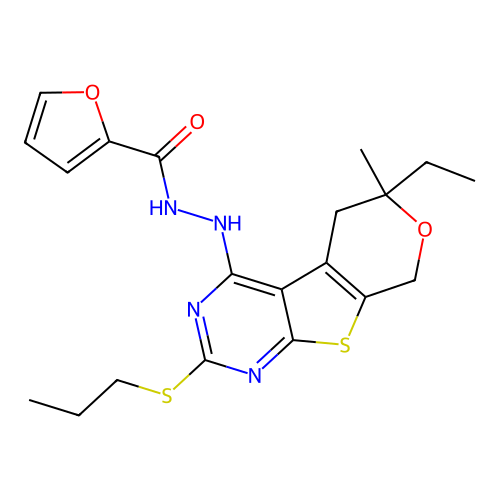 N'-(6-ethyl-6-methyl-2-(propylthio)-6,8-dihydro-5H-pyrano[4',3':4,5]thieno[2,3-d]pyrimidin-4-yl)furan-2-carbohydrazide structure