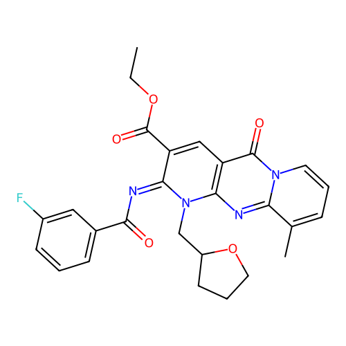 (Z)-ethyl 2-((3-fluorobenzoyl)imino)-10-methyl-5-oxo-1-((tetrahydrofuran-2-yl)methyl)-2,5-dihydro-1H-dipyrido[1,2-a:2',3'-d]pyrimidine-3-carboxylate structure