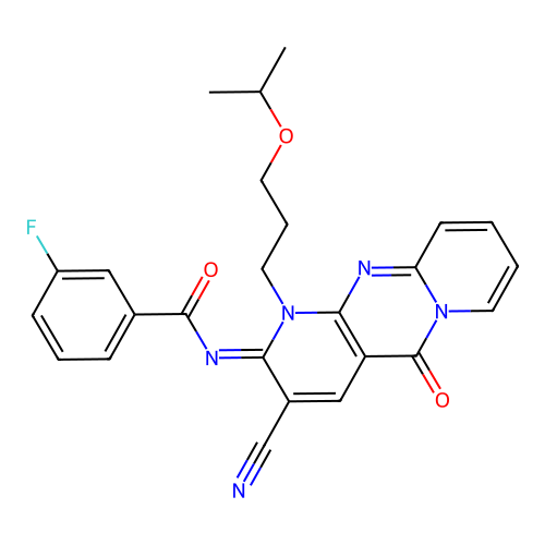 (E)-N-(3-cyano-1-(3-isopropoxypropyl)-5-oxo-1H-dipyrido[1,2-a:2',3'-d]pyrimidin-2(5H)-ylidene)-3-fluorobenzamide structure