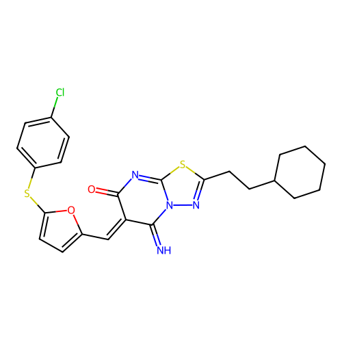 (Z)-6-((5-((4-chlorophenyl)thio)furan-2-yl)methylene)-2-(2-cyclohexylethyl)-5-imino-5H-[1,3,4]thiadiazolo[3,2-a]pyrimidin-7(6H)-one structure