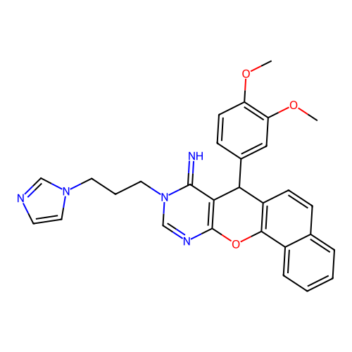 7-(3,4-dimethoxyphenyl)-9-[3-(1H-imidazol-1-yl)propyl]-7,9-dihydro-8H-benzo[7,8]chromeno[2,3-d]pyrimidin-8-imine structure