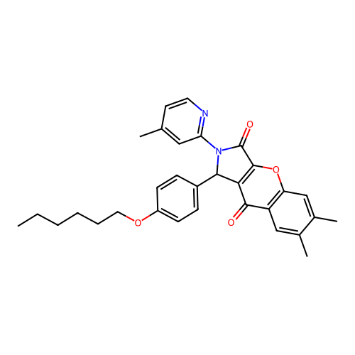 1-(4-(hexyloxy)phenyl)-6,7-dimethyl-2-(4-methylpyridin-2-yl)-1,2-dihydrochromeno[2,3-c]pyrrole-3,9-dione structure