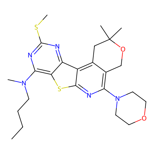 N-butyl-N,2,2-trimethyl-10-(methylsulfanyl)-5-(morpholin-4-yl)-1,4-dihydro-2H-pyrano[4'',3'':4',5']pyrido[3',2':4,5]thieno[3,2-d]pyrimidin-8-amine structure