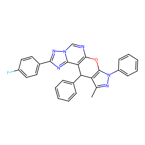 2-(4-fluorophenyl)-10-methyl-8,11-diphenyl-8,11-dihydropyrazolo[4',3':5,6]pyrano[3,2-e][1,2,4]triazolo[1,5-c]pyrimidine structure