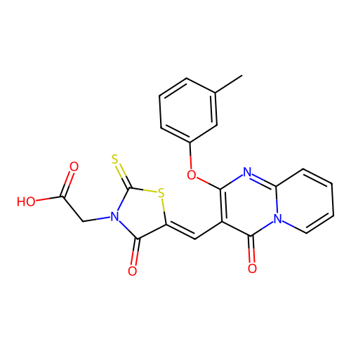 [(5Z)-5-{[2-(3-methylphenoxy)-4-oxo-4H-pyrido[1,2-a]pyrimidin-3-yl]methylidene}-4-oxo-2-thioxo-1,3-thiazolidin-3-yl]acetic acid structure