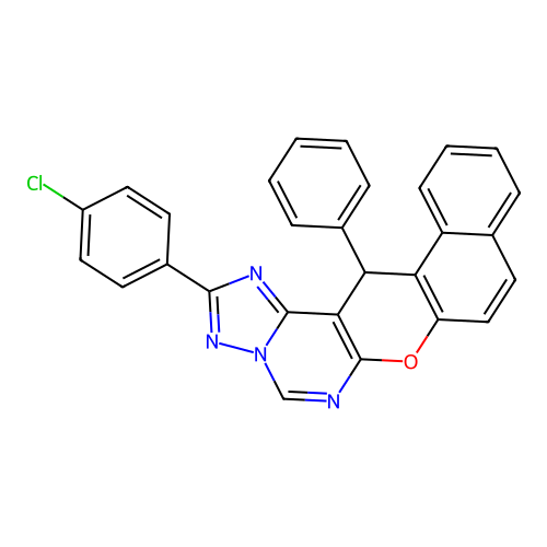 2-(4-chlorophenyl)-14-phenyl-14H-benzo[5,6]chromeno[3,2-e][1,2,4]triazolo[1,5-c]pyrimidine structure