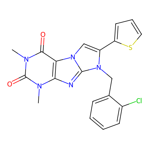 8-(2-chlorobenzyl)-1,3-dimethyl-7-(thiophen-2-yl)-1H-imidazo[2,1-f]purine-2,4(3H,8H)-dione structure