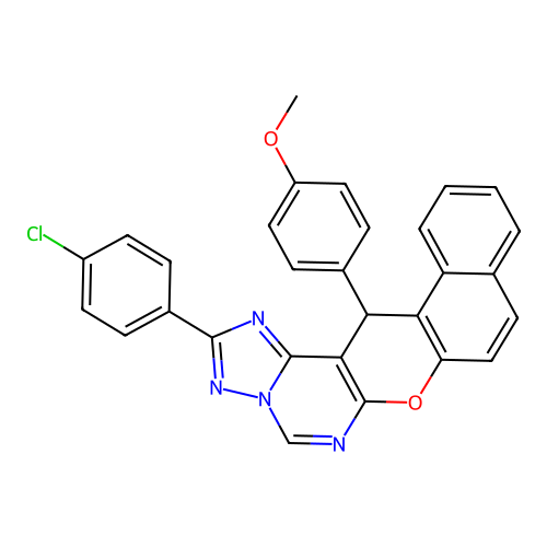 2-(4-chlorophenyl)-14-(4-methoxyphenyl)-14H-benzo[5,6]chromeno[3,2-e][1,2,4]triazolo[1,5-c]pyrimidine structure