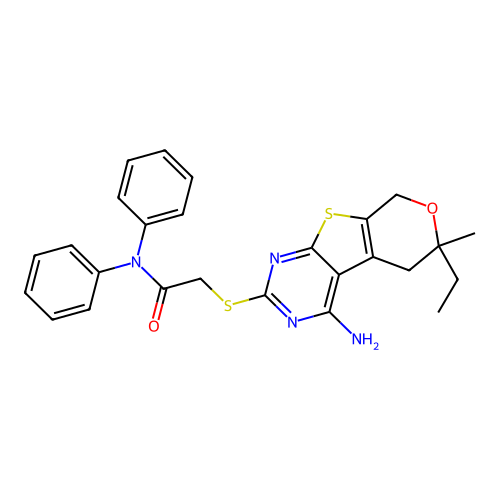 2-((4-amino-6-ethyl-6-methyl-6,8-dihydro-5H-pyrano[4',3':4,5]thieno[2,3-d]pyrimidin-2-yl)thio)-N,N-diphenylacetamide structure