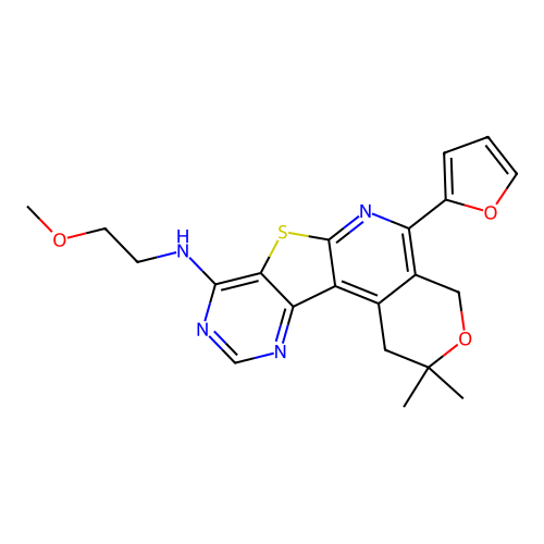 5-(furan-2-yl)-N-(2-methoxyethyl)-2,2-dimethyl-1,4-dihydro-2H-pyrano[4'',3'':4',5']pyrido[3',2':4,5]thieno[3,2-d]pyrimidin-8-amine structure