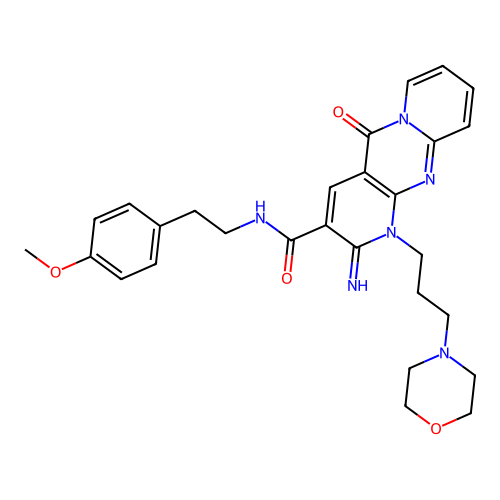 6-imino-N-[2-(4-methoxyphenyl)ethyl]-7-(3-morpholin-4-ylpropyl)-2-oxo-1,7,9-triazatricyclo[8.4.0.03,8]tetradeca-3(8),4,9,11,13-pentaene-5-carboxamide structure