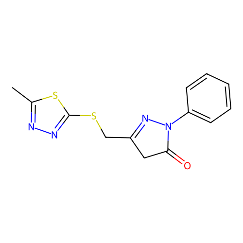 3-(((5-methyl-1,3,4-thiadiazol-2-yl)thio)methyl)-1-phenyl-1H-pyrazol-5(4H)-one structure