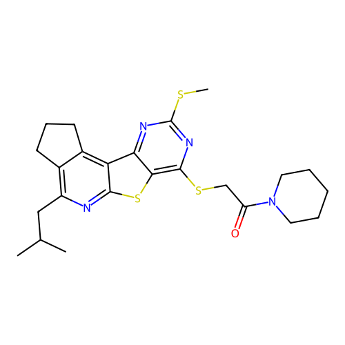 2-((4-isobutyl-9-(methylthio)-2,3-dihydro-1H-cyclopenta[4',5']pyrido[3',2':4,5]thieno[3,2-d]pyrimidin-7-yl)thio)-1-(piperidin-1-yl)ethanone structure