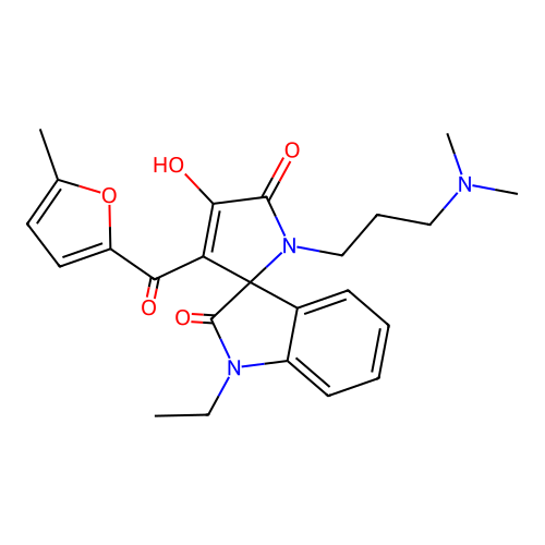 1'-[3-(dimethylamino)propyl]-1-ethyl-4'-hydroxy-3'-[(5-methylfuran-2-yl)carbonyl]spiro[indole-3,2'-pyrrole]-2,5'(1H,1'H)-dione structure