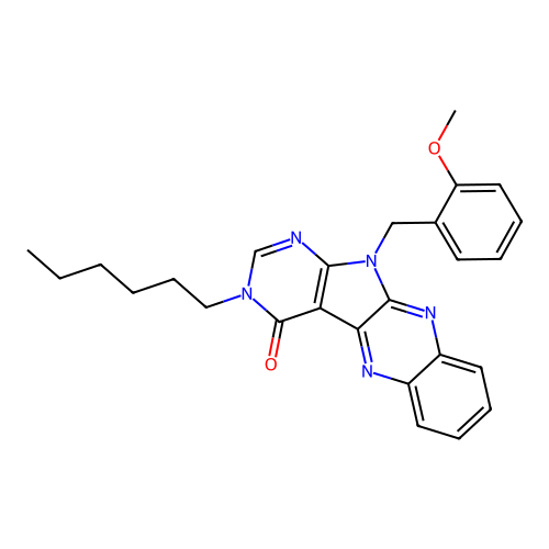 3-hexyl-11-(2-methoxybenzyl)-3H-pyrimido[5',4':4,5]pyrrolo[2,3-b]quinoxalin-4(11H)-one structure