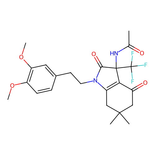 N-{1-[2-(3,4-dimethoxyphenyl)ethyl]-6,6-dimethyl-2,4-dioxo-3-(trifluoromethyl)-2,3,4,5,6,7-hexahydro-1H-indol-3-yl}acetamide structure