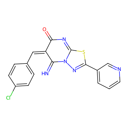 (6E)-6-(4-chlorobenzylidene)-5-imino-2-(pyridin-3-yl)-5,6-dihydro-7H-[1,3,4]thiadiazolo[3,2-a]pyrimidin-7-one structure