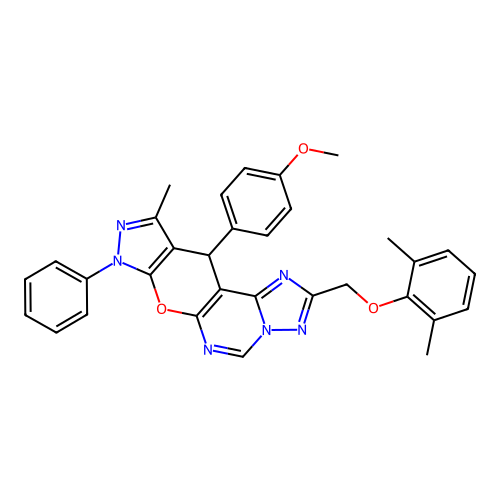 2-[(2,6-dimethylphenoxy)methyl]-11-(4-methoxyphenyl)-10-methyl-8-phenyl-8,11-dihydropyrazolo[4',3':5,6]pyrano[3,2-e][1,2,4]triazolo[1,5-c]pyrimidine structure