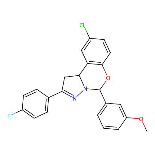 9-chloro-2-(4-fluorophenyl)-5-(3-methoxyphenyl)-1,10b-dihydropyrazolo[1,5-c][1,3]benzoxazine structure