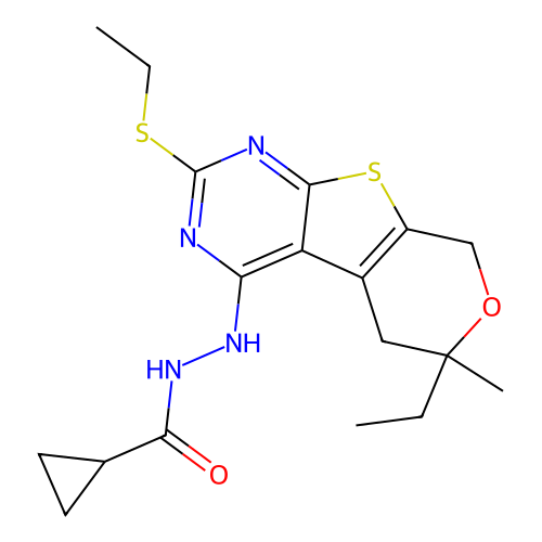 N'-(6-ethyl-2-(ethylthio)-6-methyl-6,8-dihydro-5H-pyrano[4',3':4,5]thieno[2,3-d]pyrimidin-4-yl)cyclopropanecarbohydrazide structure