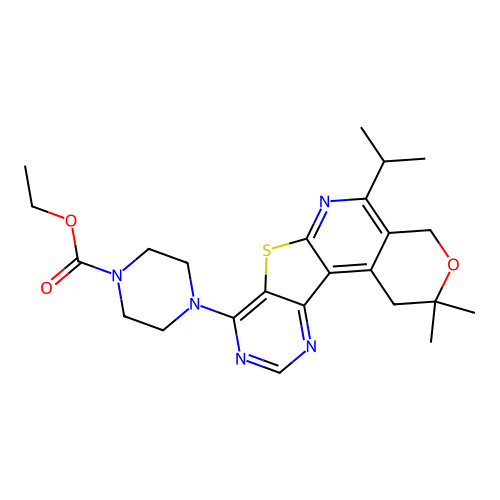 ethyl 4-(5-isopropyl-2,2-dimethyl-2,4-dihydro-1H-pyrano[4'',3'':4',5']pyrido[3',2':4,5]thieno[3,2-d]pyrimidin-8-yl)piperazine-1-carboxylate structure