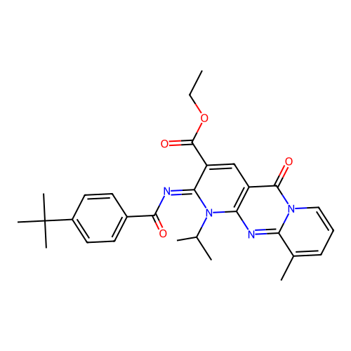 (Z)-ethyl 2-((4-(tert-butyl)benzoyl)imino)-1-isopropyl-10-methyl-5-oxo-2,5-dihydro-1H-dipyrido[1,2-a:2',3'-d]pyrimidine-3-carboxylate structure