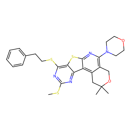 2,2-dimethyl-10-(methylsulfanyl)-5-(morpholin-4-yl)-8-[(2-phenylethyl)sulfanyl]-1,4-dihydro-2H-pyrano[4'',3'':4',5']pyrido[3',2':4,5]thieno[3,2-d]pyrimidine structure