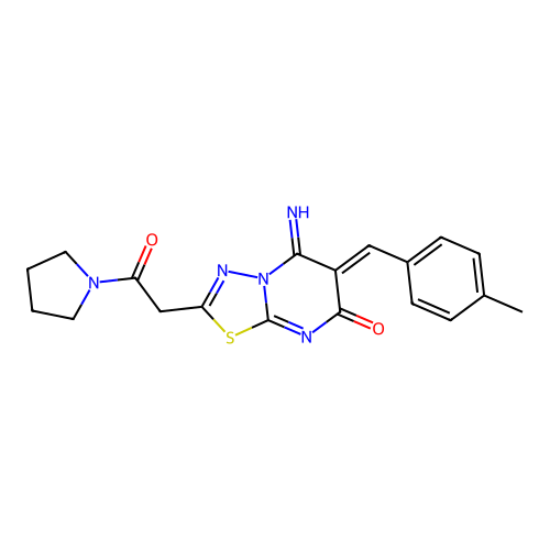 (6Z)-5-imino-6-(4-methylbenzylidene)-2-[2-oxo-2-(pyrrolidin-1-yl)ethyl]-5,6-dihydro-7H-[1,3,4]thiadiazolo[3,2-a]pyrimidin-7-one structure