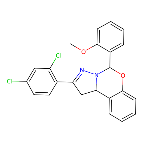 2-(2,4-dichlorophenyl)-5-(2-methoxyphenyl)-1,10b-dihydropyrazolo[1,5-c][1,3]benzoxazine structure