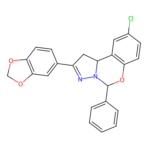 2-(1,3-benzodioxol-5-yl)-9-chloro-5-phenyl-1,10b-dihydropyrazolo[1,5-c][1,3]benzoxazine structure