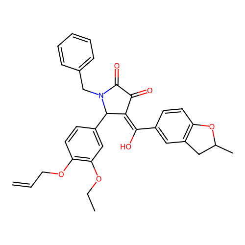 (4E)-1-benzyl-5-(3-ethoxy-4-prop-2-enoxyphenyl)-4-[hydroxy-(2-methyl-2,3-dihydro-1-benzofuran-5-yl)methylidene]pyrrolidine-2,3-dione structure