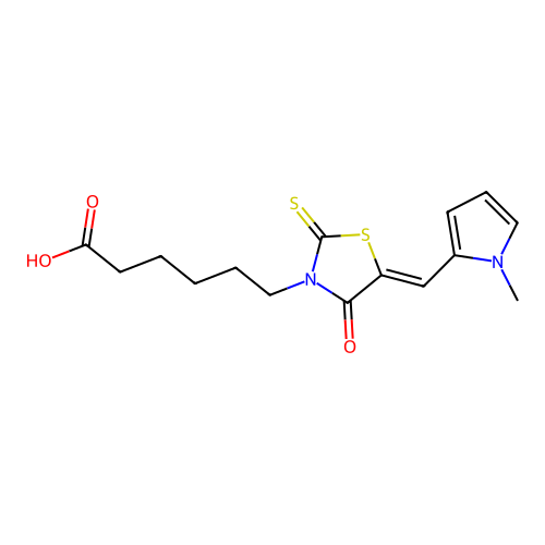 6-[(5Z)-5-[(1-methylpyrrol-2-yl)methylidene]-4-oxo-2-sulfanylidene-1,3-thiazolidin-3-yl]hexanoic acid structure