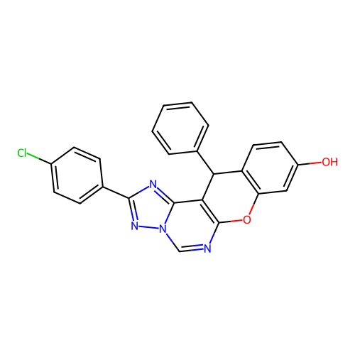 2-(4-chlorophenyl)-12-phenyl-12H-chromeno[3,2-e][1,2,4]triazolo[1,5-c]pyrimidin-9-ol structure