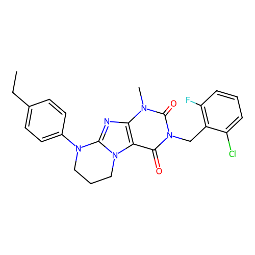 3-(2-chloro-6-fluorobenzyl)-9-(4-ethylphenyl)-1-methyl-6,7,8,9-tetrahydropyrimido[2,1-f]purine-2,4(1H,3H)-dione structure