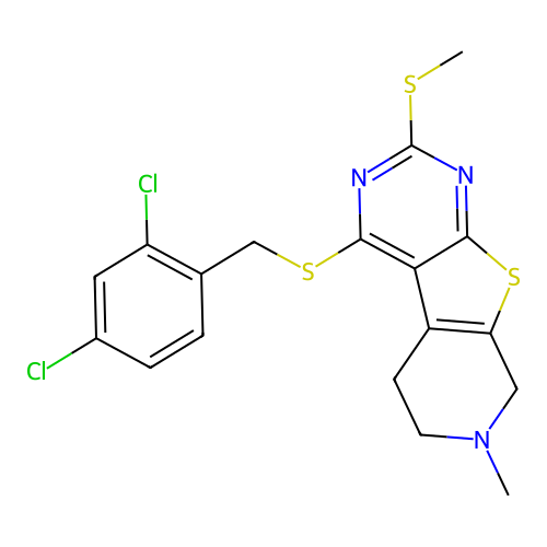 4-((2,4-dichlorobenzyl)thio)-7-methyl-2-(methylthio)-5,6,7,8-tetrahydropyrido[4',3':4,5]thieno[2,3-d]pyrimidine structure