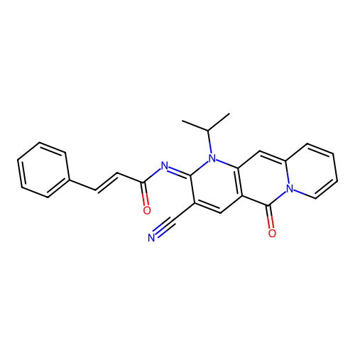 (2E)-N-[(2E)-3-cyano-5-oxo-1-(propan-2-yl)-1,5-dihydro-2H-pyrido[1,2-g][1,6]naphthyridin-2-ylidene]-3-phenylprop-2-enamide structure