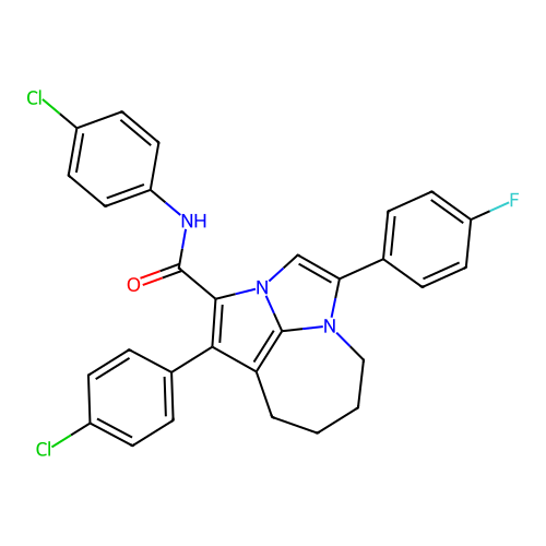 N,1-bis(4-chlorophenyl)-4-(4-fluorophenyl)-5,6,7,8-tetrahydro-2a,4a-diazacyclopenta[cd]azulene-2-carboxamide structure