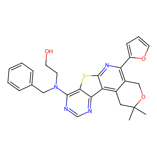 2-(benzyl(5-(furan-2-yl)-2,2-dimethyl-2,4-dihydro-1H-pyrano[4'',3'':4',5']pyrido[3',2':4,5]thieno[3,2-d]pyrimidin-8-yl)amino)ethanol structure